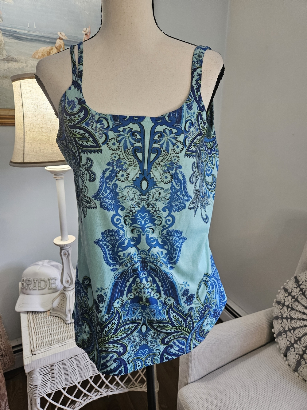 Aqua Blue Paisley Square-Neck Camisole